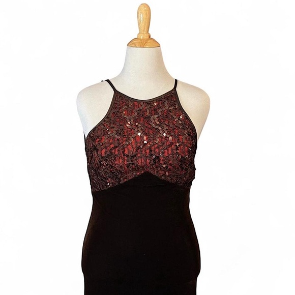 Y2K Betsy & Adam Sequin Lace Maxi Dress Sz 9/10 Black Velvet Open Back Prom - Picture 2 of 8